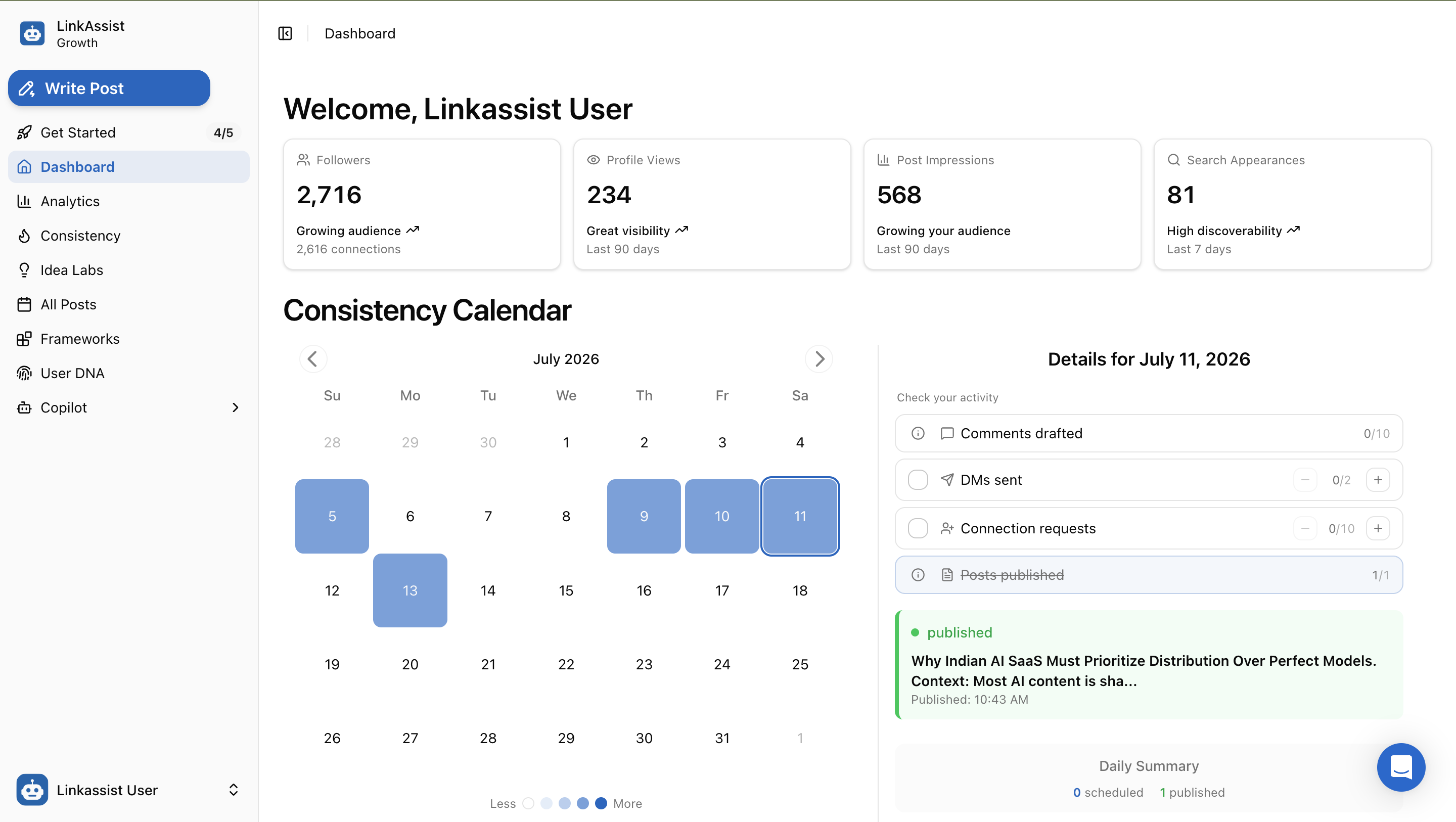 LinkAssist Main Dashboard