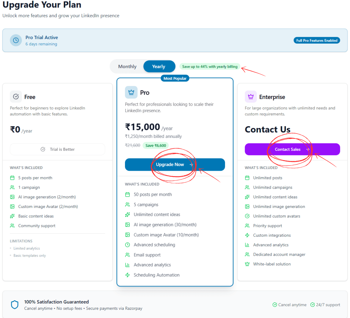Upgrade Plans - Yearly