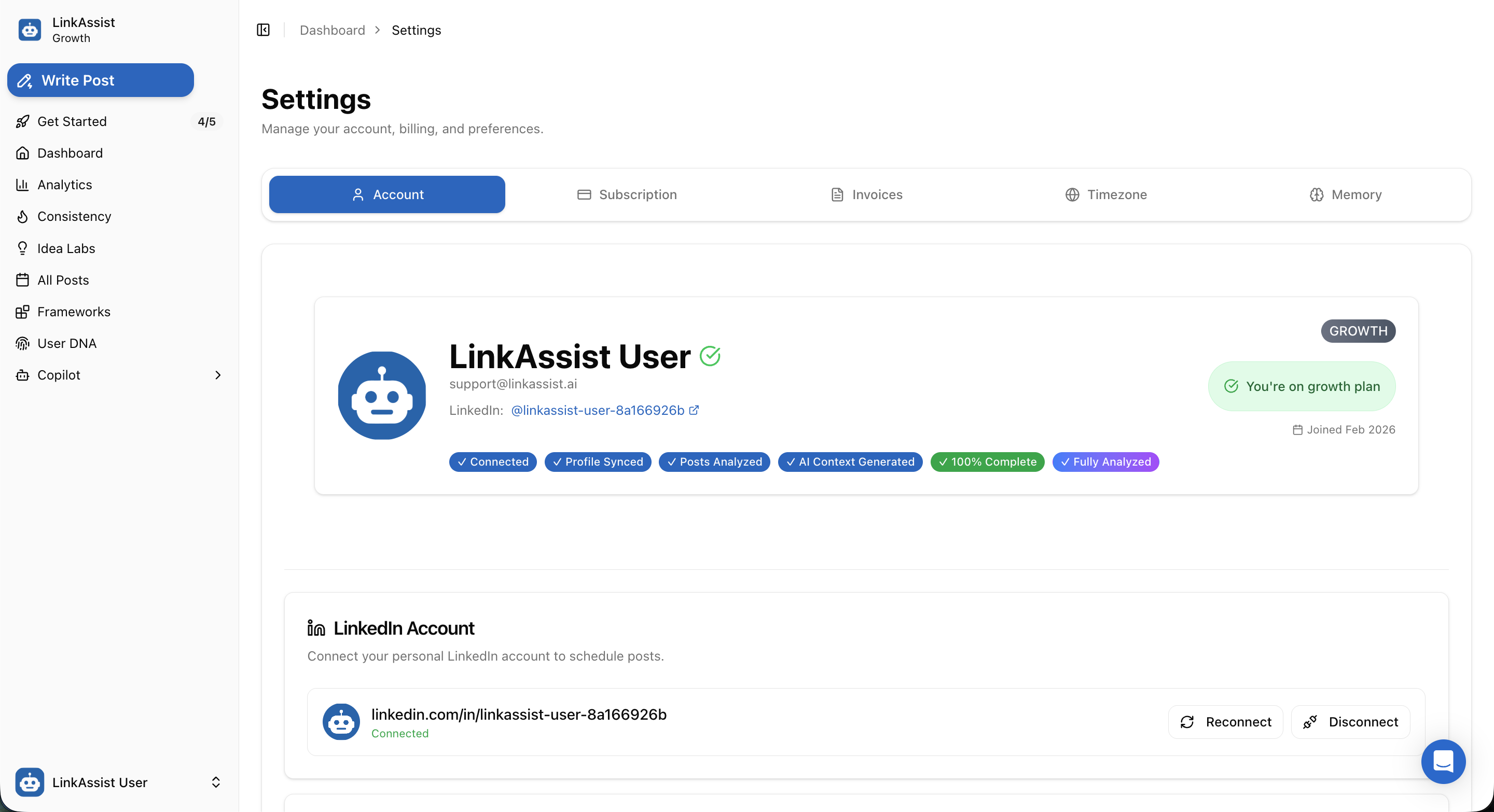 Settings Account Overview